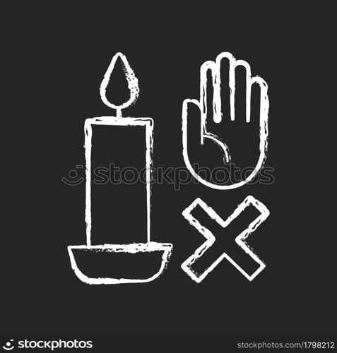 Never touch burning candle chalk white manual label icon on dark background. Placing container on stable surface. Isolated vector chalkboard illustration for product use instructions on black. Never touch burning candle chalk white manual label icon on dark background