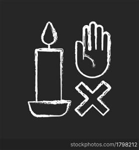 Never touch burning candle chalk white manual label icon on dark background. Placing container on stable surface. Isolated vector chalkboard illustration for product use instructions on black. Never touch burning candle chalk white manual label icon on dark background
