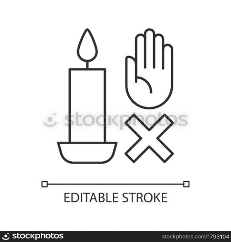 Never touch burning candle linear manual label icon. Safety measures. Thin line customizable illustration. Contour symbol. Vector isolated outline drawing for product use instructions. Editable stroke. Never touch burning candle linear manual label icon