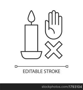 Never touch burning candle linear manual label icon. Safety measures. Thin line customizable illustration. Contour symbol. Vector isolated outline drawing for product use instructions. Editable stroke. Never touch burning candle linear manual label icon