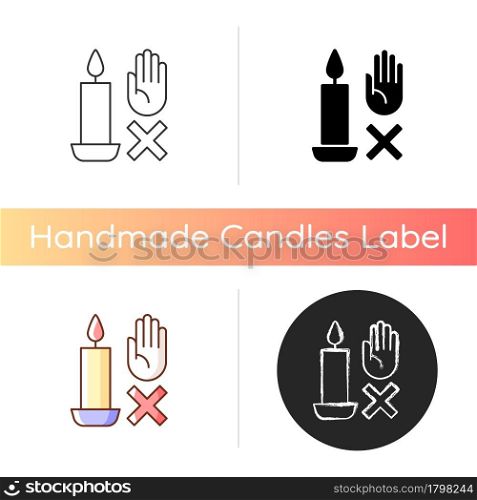 Never touch burning candle manual label icon. Safety measures. Place container on stable surface. Linear black and RGB color styles. Isolated vector illustrations for product use instructions. Never touch burning candle manual label icon