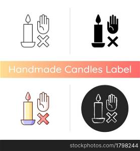 Never touch burning candle manual label icon. Safety measures. Place container on stable surface. Linear black and RGB color styles. Isolated vector illustrations for product use instructions. Never touch burning candle manual label icon