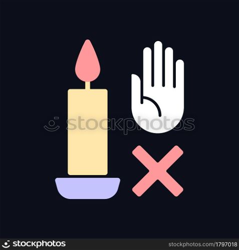 Never touch burning candle RGB color manual label icon for dark theme. Isolated vector illustration on night mode background. Simple filled line drawing on black for product use instructions. Never touch burning candle RGB color manual label icon for dark theme