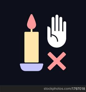Never touch burning candle RGB color manual label icon for dark theme. Isolated vector illustration on night mode background. Simple filled line drawing on black for product use instructions. Never touch burning candle RGB color manual label icon for dark theme