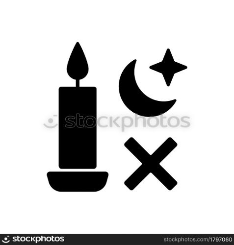 Never use candle while sleeping black glyph manual label icon. Avoid candles usage during power outage. Silhouette symbol on white space. Vector isolated illustration for product use instructions. Never use candle while sleeping black glyph manual label icon