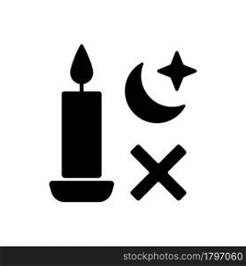 Never use candle while sleeping black glyph manual label icon. Avoid candles usage during power outage. Silhouette symbol on white space. Vector isolated illustration for product use instructions. Never use candle while sleeping black glyph manual label icon