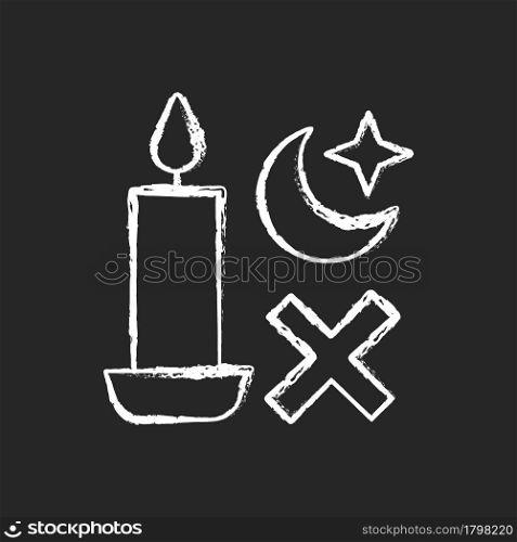 Never use candle while sleeping chalk white manual label icon on dark background. Avoid candles usage during power outage. Isolated vector chalkboard illustration for product use instructions on black. Never use candle while sleeping chalk white manual label icon on dark background