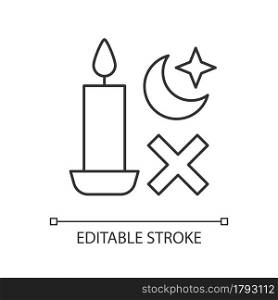 Never use candle while sleeping linear manual label icon. Thin line customizable illustration. Contour symbol. Vector isolated outline drawing for product use instructions. Editable stroke. Never use candle while sleeping linear manual label icon