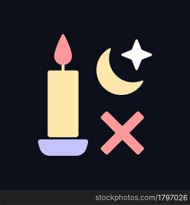 Never use candle while sleeping RGB color manual label icon for dark theme. Isolated vector illustration on night mode background. Simple filled line drawing on black for product use instructions. Never use candle while sleeping RGB color manual label icon for dark theme