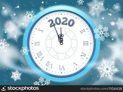 New 2020 Year snow poster. Winter holidays countdown clock with snowflakes, vintage clocks arrows and holiday celebration hours. Christmas midnight clock greeting card vector illustration. New 2020 Year snow poster. Winter holidays countdown clock with snowflakes, vintage clocks arrows and holiday celebration hours vector illustration