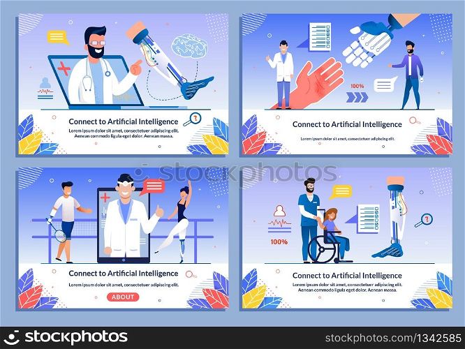 New AI Technologies for Disabled People Banner Flat Set. Cartoon Male and Female Characters with Bionic Prostheses Body Parts and Mobile Application Support. Futuristic Medicine. Vector Illustration. New AI Technologies for Disabled People Banner Set
