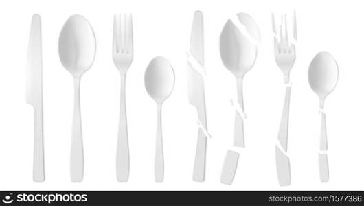 New and broken plastic cutlery isolated on white background. Vector realistic set of cracked white flatware, disposable plastic fork, spoon and knife. Shattered tableware. New and broken white plastic cutlery