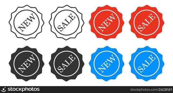 New and sale tags icon. White, black, blue and red colors lebel illustration symbol. Sign stiker vector.