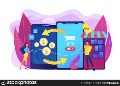 New and used gadget exchange. Mobile device trade-in, trade-in retail operations, leave us your old device, buyback electronics concept. Bright vibrant violet vector isolated illustration. Mobile device trade-in concept vector illustration.