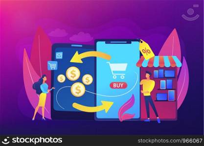 New and used gadget exchange. Mobile device trade-in, trade-in retail operations, leave us your old device, buyback electronics concept. Bright vibrant violet vector isolated illustration