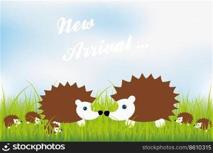 New arrival - cute hedgehog family in green grass illustration - available as jpg and eps-file