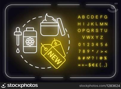 New arrivals, cosmetic products ad neon light concept icon. Commerce, trade, advertising campaign idea. Outer glowing sign with alphabet, numbers and symbols. Vector isolated RGB color illustration