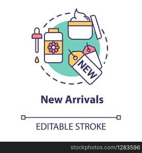 New arrivals, cosmetic products announcement concept icon. Commerce, trade, advertising campaign idea thin line illustration. Vector isolated outline RGB color drawing. Editable stroke