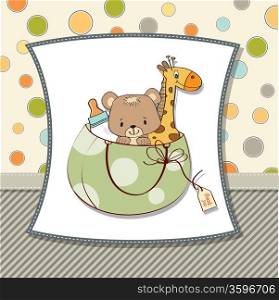 new baby announcement card with bag and same toys, illustration in vector format
