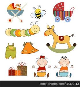 new baby items set isolated on white background, vector illustration
