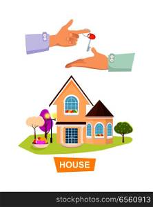 New beautiful house with green garden on white background. Property selling web banner vector illustration. Advertising real estate building for big family. Getting key of future home from realtor.. New House on White Background. Property Selling.
