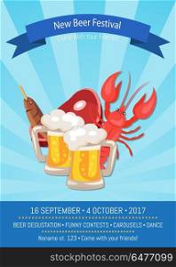 New Beer Festival 2017 on Vector Illustration. New beer festival, come with your friends, program of festival includes degustation and funny concerts, promo banner vector illustration on background with rays