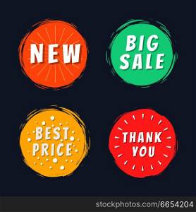 New big sale best price thank you text on painted spots with brush strokes vector illustration isolated on white background, promo advertisement labels. New Big Sale Best Price Thank You Text Paint Spot