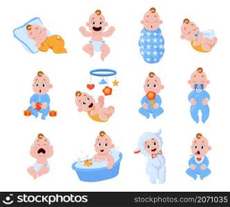 New born baby. Cartoon happy toddler boy and girl characters laughing and crying. Sleeping or playing little kids. Infants with diapers and pacifiers. Human age. Vector isolated cute cheerful children. New born baby. Cartoon toddler boy and girl characters laughing and crying. Sleeping or playing little kids. Infants with diapers and pacifiers. Human age. Vector cute cheerful children