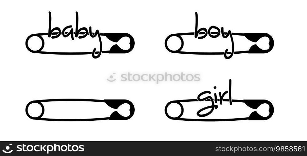 New Born. Boy, girl or blue, pink baby pin. Love heart safety pin. Opened and closed pins. pierced and clipping path sign. Vector safetypin icon. Open and close safety pins. Pregnant or coming soon. 