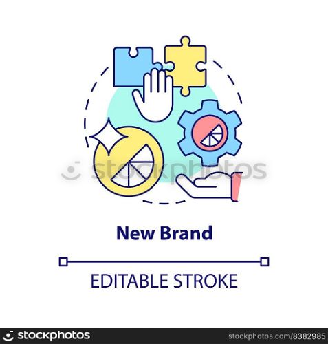 New brand concept icon. Create and build company. Brand consolidation strategy abstract idea thin line illustration. Isolated outline drawing. Editable stroke. Arial, Myriad Pro-Bold fonts used. New brand concept icon