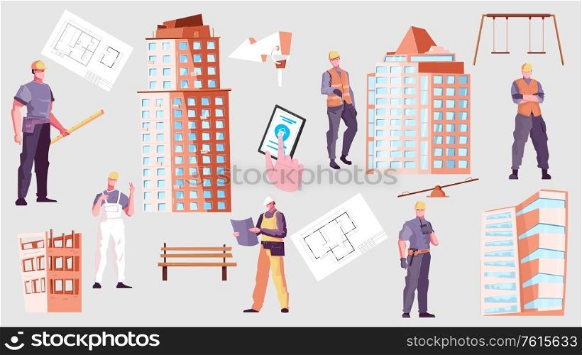 New buildings icon set with different workers layout apartments and modern buildings vector illustration