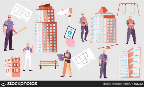 New buildings icon set with different workers layout apartments and modern buildings vector illustration