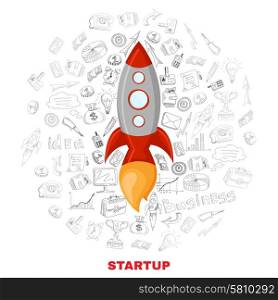 New business company successful startup launch planning concept icons background with satellite symbol poster abstract vector illustration. Business startup launch concept poster print
