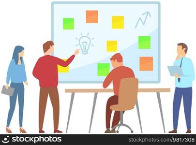 New business idea concept. Marketing strategy, team develops solutions, create new business plan. Employees share ideas, find best path, brainstorm. Man makes presentation to his colleagues at meeting. New business idea concept. Marketing strategy, team develops solutions, create new business plan