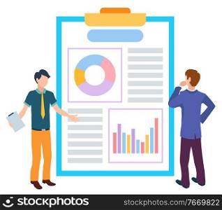 New business project vector, details of startup on board flat style character. Man boss with assistant consulting people thinking on ideas on report. Teamwork Boss with Assistant Thinking on Startup