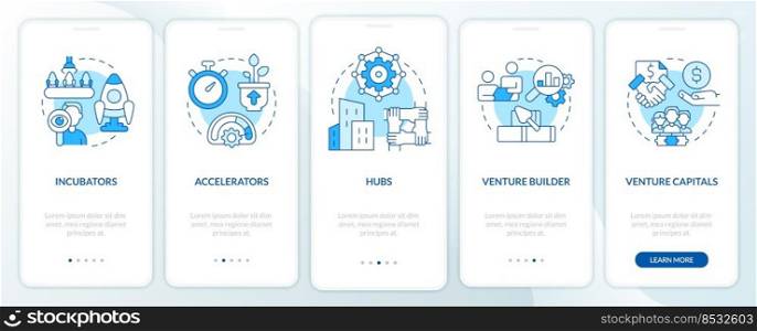 New business sponsorship types blue onboarding mobile app screen. Walkthrough 5 steps editable graphic instructions with linear concepts. UI, UX, GUI template. Myriad Pro-Bold, Regular fonts used. New business sponsorship types blue onboarding mobile app screen