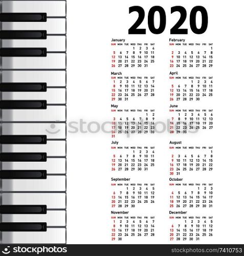 New calendar 2020 with a musical background piano keys.. New calendar 2020 with a musical background piano keys