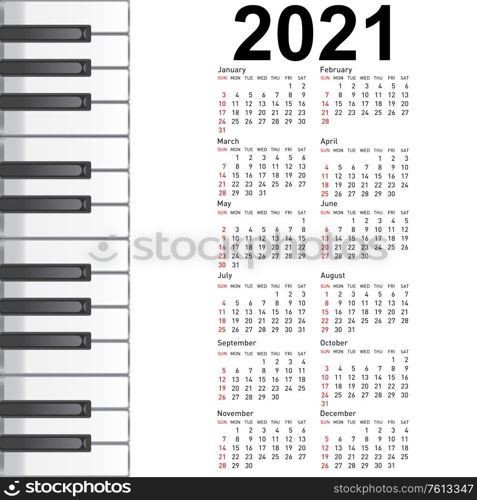 New calendar 2021 with a musical background piano keys.. New calendar 2021 with a musical background piano keys