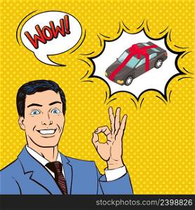 New car as gift, composition on yellow textured background with happy man, bubbles, comic style vector illustration. Car As Gift Comic Illustration