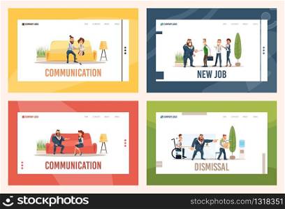 New Career Opportunity, Job Dismissal, Businesspeople Communication Trendy Flat Vector Web Banners, Landing Pages Templates Set. Workers Employment, Losing Job, Talking Colleagues Illustrations