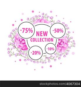New collection label design with pink flowers, dots and discount stickers. Text can be used for coupons, posters, banners