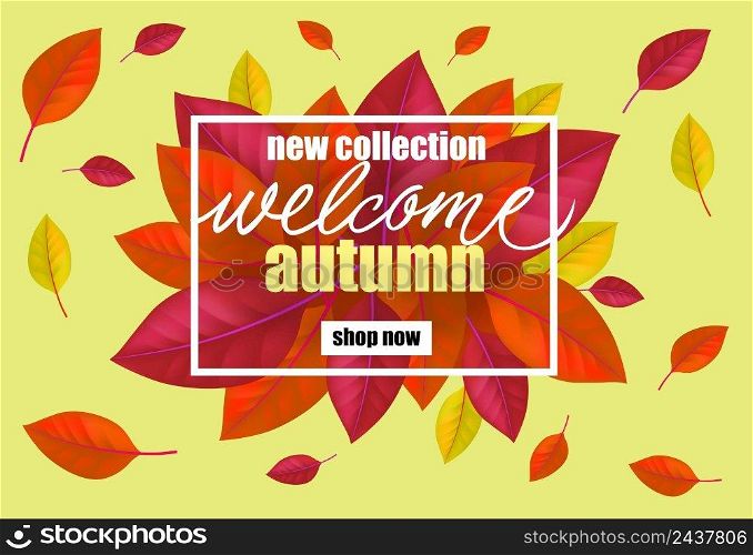 New collection welcome autumn Shop now lettering tree leaves. Modern inscription with bright leaves flying. Illustration with lettering can be used for banner, posters and leaflets
