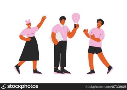 New creative idea vector concept with flat positive characters. Teens, young adults support friend. Business team startup metaphor, man hold light bulb. Illustration of lightbulb brainstorming. New creative idea vector concept with flat positive characters. Teens, young adults support friend. Business team startup metaphor, man hold light bulb