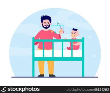 New dad playing with baby in crib. Rattle toy, soothing child for sleeping flat vector illustration. Childhood, childcare, parenthood concept for banner, website design or landing web page