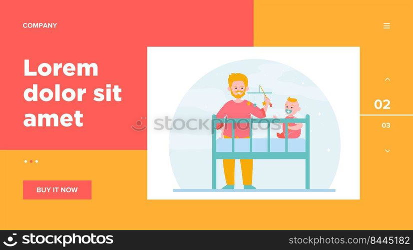 New dad playing with baby in crib. Rattle toy, soothing child for sleeping flat vector illustration. Childhood, childcare, parenthood concept for banner, website design or landing web page