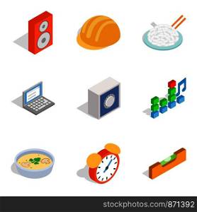 New day icons set. Isometric set of 9 new day vector icons for web isolated on white background. New day icons set, isometric style