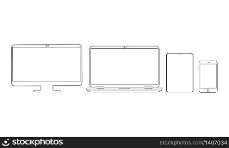 New device icon flat set in black smartphone, laptop, computer monitor on isolated white background. EPS 10 vector.. New device icon flat set in black smartphone, laptop, computer monitor on isolated white background. EPS 10 vector