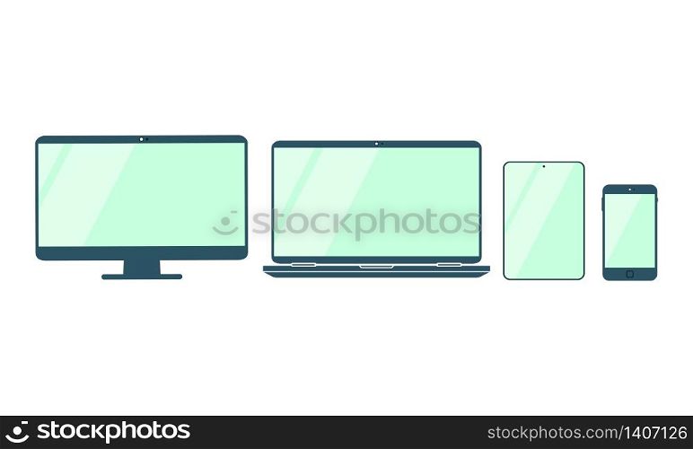 New device icon flat set in black smartphone, laptop, computer monitor, tablet and smart watch on isolated white background. EPS 10 vector.. New device icon flat set in black smartphone, laptop, computer monitor, tablet and smart watch on isolated white background. EPS 10 vector