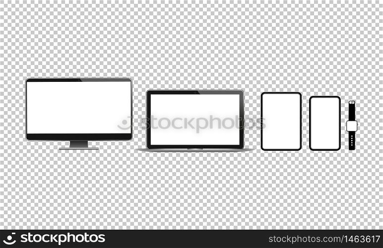 New device icon flat set. Smartphone, laptop, computer monitor, tablet and smart watch on isolated white background. EPS 10 vector. New device icon flat set. Smartphone, laptop, computer monitor, tablet and smart watch on isolated white background. EPS 10 vector.