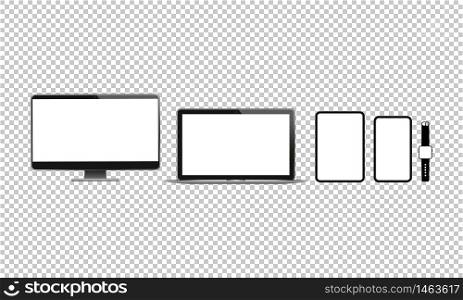 New device icon flat set. Smartphone, laptop, computer monitor, tablet and smart watch on isolated white background. EPS 10 vector. New device icon flat set. Smartphone, laptop, computer monitor, tablet and smart watch on isolated white background. EPS 10 vector.